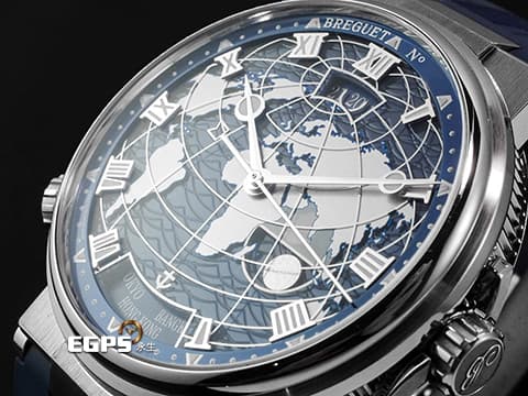 BREGUET 寶璣 Marine Hora Mundi 5557BB/YS/5WV 18K白金材質 波浪圖案面盤 海岸線世界地圖 子午線邊框藍寶石水晶頂層 可記憶兩個獨立時區,透過8點鐘方向按鈕切換時區 2023年保單 台灣公司貨 新錶參考訂價:2,613,000元 自動上鍊 43.9mm