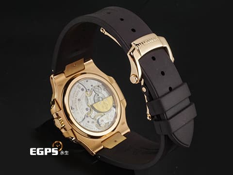 Patek philippe 百達翡麗 PP錶 Nautilus 鸚鵡螺 金鷹系列 5712R-001 18K玫瑰金材質 精鑲大梯鑽框 絕版日內瓦印記 月相盈虧 動能顯示 附原廠出廠證明單 自動上鍊43x38mm