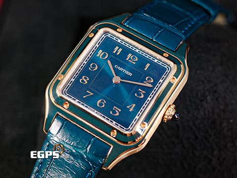 CARTIER 卡地亞 Santos-Dumont 山度士 杜蒙特 WGSA0098 經典 大型款 真漆孔雀藍面盤、錶背鐫刻親筆簽名 玫瑰金材質 2025年保卡 手上鍊 43.5x31.4mm