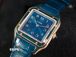 CARTIER 卡地亞 Santos-Dumont 山度士 杜蒙特 WGSA0098 經典 大型款<font color="#ffb43f"> </font><font color="#006d8f">真漆孔雀藍面盤、錶背鐫刻親筆簽名</font><font color="#49bcd7"> </font>玫瑰金材質 <font color="#FF0000">2025年保卡 </font>手上鍊 43.5x31.4mm