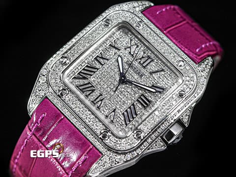 CARTIER 卡地亞 Santos 100 山度士 中型 精鑲滿天星鑽石面盤、鑲鑽錶圈 紫色客製化皮革錶帶 自動上鍊 36mm