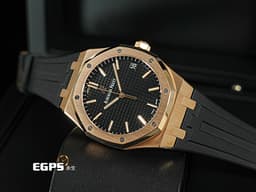 Audemars Piguet 愛彼 AP錶 Royal Oak 皇家橡樹 15500OR.OO.D002CR.01 <font color="#ec8e22">玫瑰金材質</font> 搭配Rubber B橡膠錶帶 15500 OR 經典黑色格紋面盤 大三針 <font color="#FF0000">2021年保卡 </font> 自動上鍊 41mm