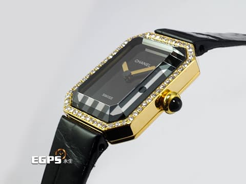 CHANEL 香奈兒 PREMIÈRE 首映系列 H0094 18K黃金材質 鑲嵌凸圓形縞瑪瑙錶冠、原廠鑲嵌鑽石錶圈 石英機芯 25×19mm