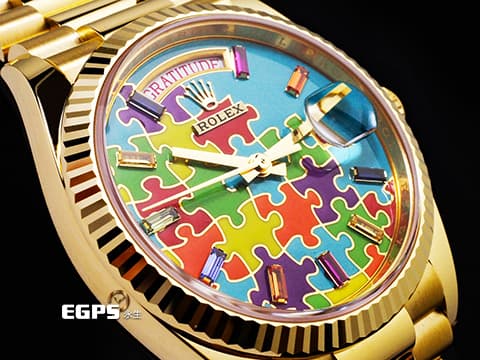 ROLEX 勞力士 Day-Date 36 蠔式 星期日曆型 128238 DD36 18K黃金材質 稀有款 Puzzle Dial Tiffany 綠松石色拼圖面盤 每天都是不同圖案的日期窗 彩虹色寶石時標 2026年保卡 元首型(President)錶帶 總統帶 自動上鍊 36mm