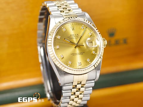 ROLEX 勞力士 DATEJUST 16233 經典蠔式日誌型 不鏽鋼&18K黃金材質 半金款 鑲嵌鑽石時標 香檳金色面盤 自動上鍊 36mm