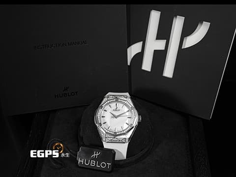 HUBLOT 宇舶 Classic Fusion 經典融合 ORLINSKI 聯名款 550.NS.2200.RW.1604.ORL20 原廠鑲鑽 白色切面立體錶盤 鈦金屬+不鏽鋼材質 2025年保單 自動上鍊 40mm