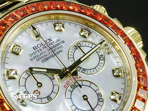 ROLEX 勞力士 Daytona 迪通拿 116578SACO 18K黃金材質 停產款 白色珍珠貝母面盤 原廠鑲嵌橘色寶石錶圈 鑽石時標 2019年保卡 自動上鍊 40mm