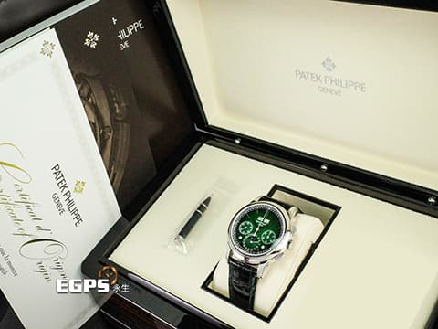 Patek philippe 百達翡麗 PP 5270P-014 鉑金材質 5270P Platium 萬年曆 月相顯示 計時功能 超複雜功能時計系列  漸層綠漆面盤 綠色縫線黑色皮錶帶  2025年保單 新錶參考訂價:7,117,000元  手上鍊 41mm