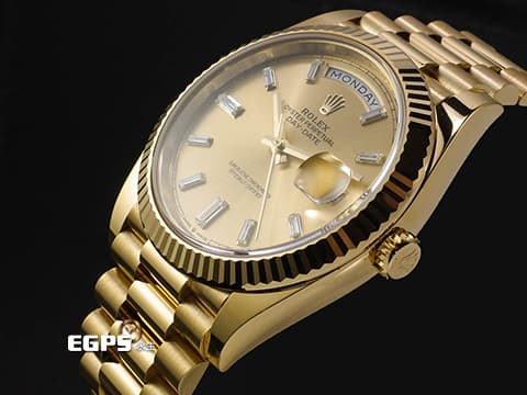 ROLEX 勞力士 DAY-DATE 40 蠔式星期日誌型 DD 228238 18K黃金材質 香檳金色面盤 原廠鑲嵌方形切割鑽石時標 黃冰糖 2020年保卡 台灣公司貨 錶友蒐藏未使用品 自動上鍊 40mm