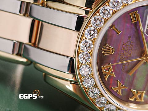 ROLEX 勞力士 Lady-Datejust Pearlmaster 69298 原廠鑲鑽 珍珠母貝面盤 18K黃金材質【三色金錶帶】 已回原廠檢修,延長保固至2027年 自動上鏈 28mm