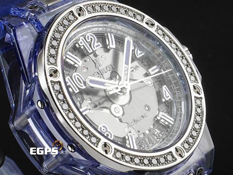 HUBLOT 宇舶 Big Bang 大爆炸 465.JL.4802.RT.1204 藍色水晶材質 快拆功能設計 【絕版增值艷麗款】極少見薰衣草藍水晶錶殼 <特殊藍寶石水晶收藏盒>原廠鑲嵌鑽石錶圈 2019年保卡 全球限量200支 新錶訂價:2,616,000元 自動上鍊 39mm