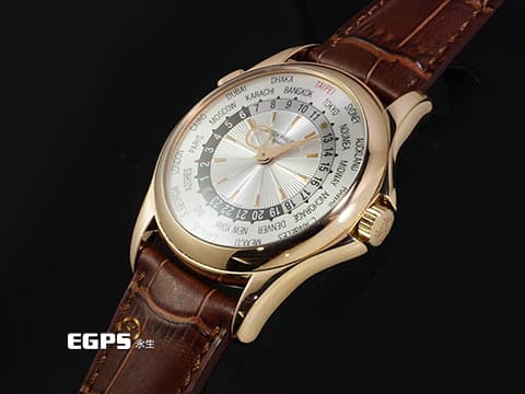 Patek Philippe PP 百達翡麗 Complications 複雜功能時計 World Time 世界時區 5130R 18K玫瑰金材質 金質時標、指針 米白色放射狀雕紋面盤 不是HONGKONG~ 不是BEIJING~ 極稀少TAIPEI刻度版 自動上鏈 39.5 mm