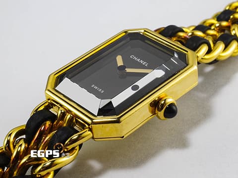 CHANEL 香奈兒 PREMIÈRE 18K黃金塗層不鏽鋼材質 鑲嵌凸圓形縞瑪瑙錶冠 S尺寸錶鍊 <12.8 - 14cm> 石英機芯 26.1x20mm