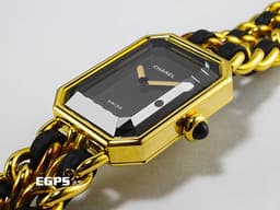 CHANEL 香奈兒 PREMIÈRE 18K黃金塗層不鏽鋼材質 <font color="#FFff00">鑲嵌凸圓形縞瑪瑙錶冠 </font><font color="#ff0000">S尺寸錶鍊 <12.8 - 14cm> </font>石英機芯 26.1x20mm