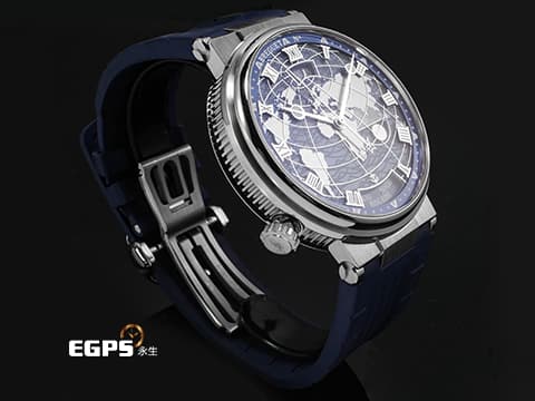 BREGUET 寶璣 Marine Hora Mundi 5557BB/YS/5WV 18K白金材質 波浪圖案面盤 海岸線世界地圖 子午線邊框藍寶石水晶頂層 可記憶兩個獨立時區,透過8點鐘方向按鈕切換時區 2023年保單 台灣公司貨 新錶參考訂價:2,613,000元 自動上鍊 43.9mm