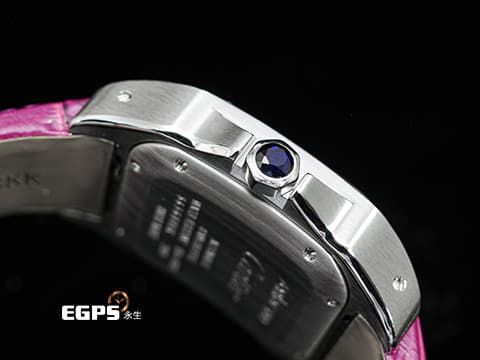 CARTIER 卡地亞 Santos 100 山度士 中型 精鑲滿天星鑽石面盤、鑲鑽錶圈 紫色客製化皮革錶帶 自動上鍊 36mm