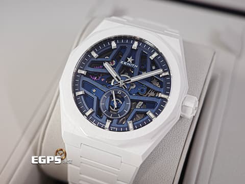 ZENITH 真力時 DEFY 碟飛系列 Skyline Skeleton 天際線 49.9301.3620/79.I001 高振頻 1/10秒 旋風秒針 藍色鏤空面盤 白陶瓷 2025年保卡 附快拆式橡膠錶帶扣 自動上鍊 41mm