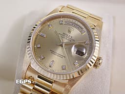 ROLEX 勞力士 Day-Date 36 蠔式 星期日曆型 18238A <font color="#f7da45">原廠鑽石時標 皇帝金色面盤 18K黃金材質</font><font color="#FF0000"> </font>DD36 經典三角坑紋錶圈 18238 A <font color="#ff0000">元首型(President)錶帶 總統帶</font> 自動上鍊 36mm