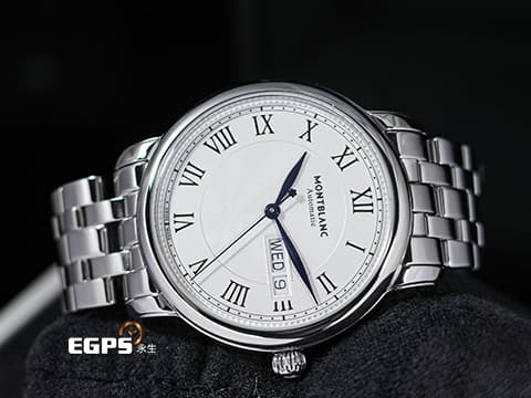 MONTBLANC 萬寶龍 Star Legacy Day Date 明星傳承系列 128687 銀白色放射星形扭索飾紋錶盤 藍鋼指針 不鏽鋼 星期日期顯示 大三針 2026年保單 自動上鍊 39mm