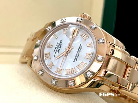 ROLEX 勞力士 Datejust Pearlmaster 80315-72945 18K玫瑰金材質 銀色珍珠母貝面盤 原廠鑲嵌鑽石錶圈 新錶參考訂價:1,080,000元 防偽內圈 自動上鍊 29mm