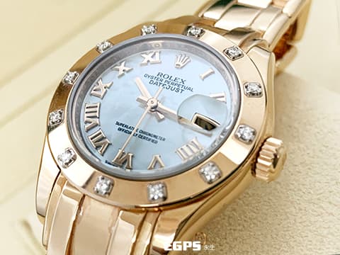 ROLEX 勞力士 Datejust Pearlmaster 80315-72945 18K玫瑰金材質 銀色珍珠母貝面盤 原廠鑲嵌鑽石錶圈 新錶參考訂價:1,080,000元 防偽內圈 自動上鍊 29mm