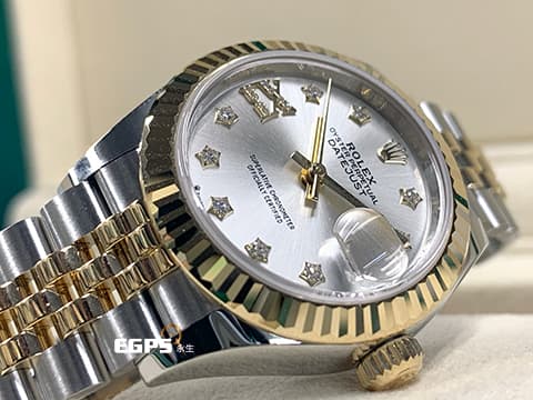 ROLEX 勞力士 Lady Date-Just 279173 18K黃金材質 半金款 原廠鑲嵌星型鑽石時標 銀白色太陽紋面盤 2025年保卡 蠔式女錶 28mm