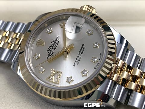 ROLEX 勞力士 Lady Date-Just 279173 18K黃金材質 半金款 原廠鑲嵌星型鑽石時標 銀白色太陽紋面盤 2025年保卡 蠔式女錶 28mm