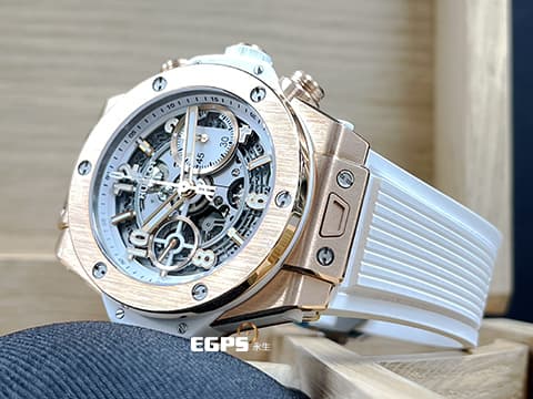 Hublot 宇舶 BIG BANG系列 UNICO 王金白色 441.OE.2011.RW 18K王金材質 2024年保單 白陶瓷 消光白色鏤空面盤 飛返計時碼錶 自動上鍊 42mm
