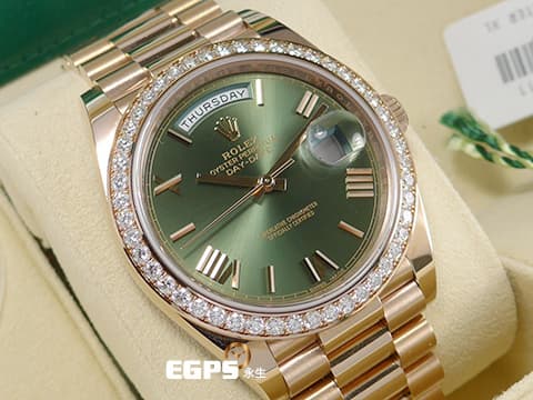 ROLEX 勞力士 DayDate 40 蠔式 星期日曆型 228345RBR 原廠鑽石外圈 DD60周年紀念款 橄欖綠色面盤 DD40 永恆玫瑰金 2018年保單 元首型(President)錶帶 總統帶 228345 RBR 自動上鏈 40mm
